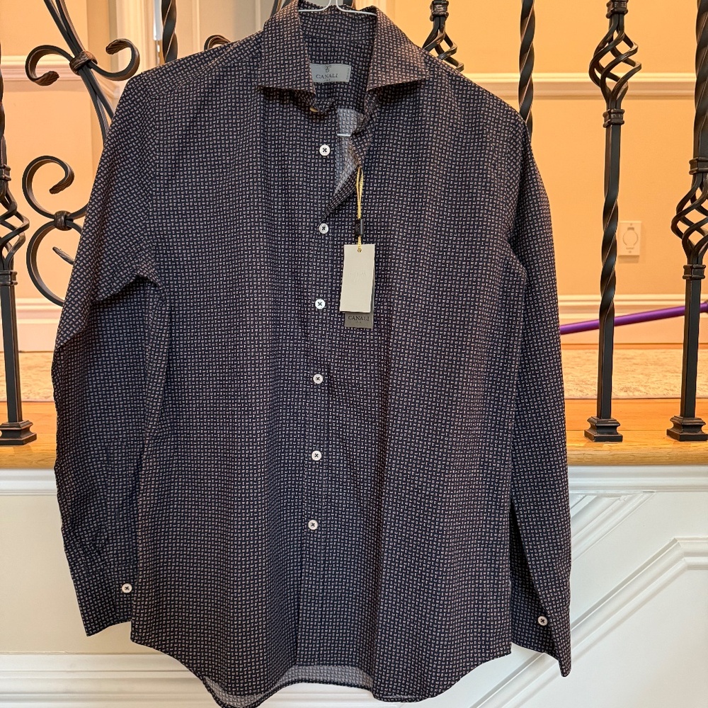 Canali Navy Blue Micro-Pattern Dress Shirt
